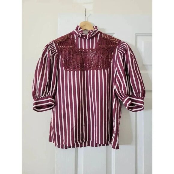 Sandro wine striped lace detail blouse 1 - Picture 1 of 8